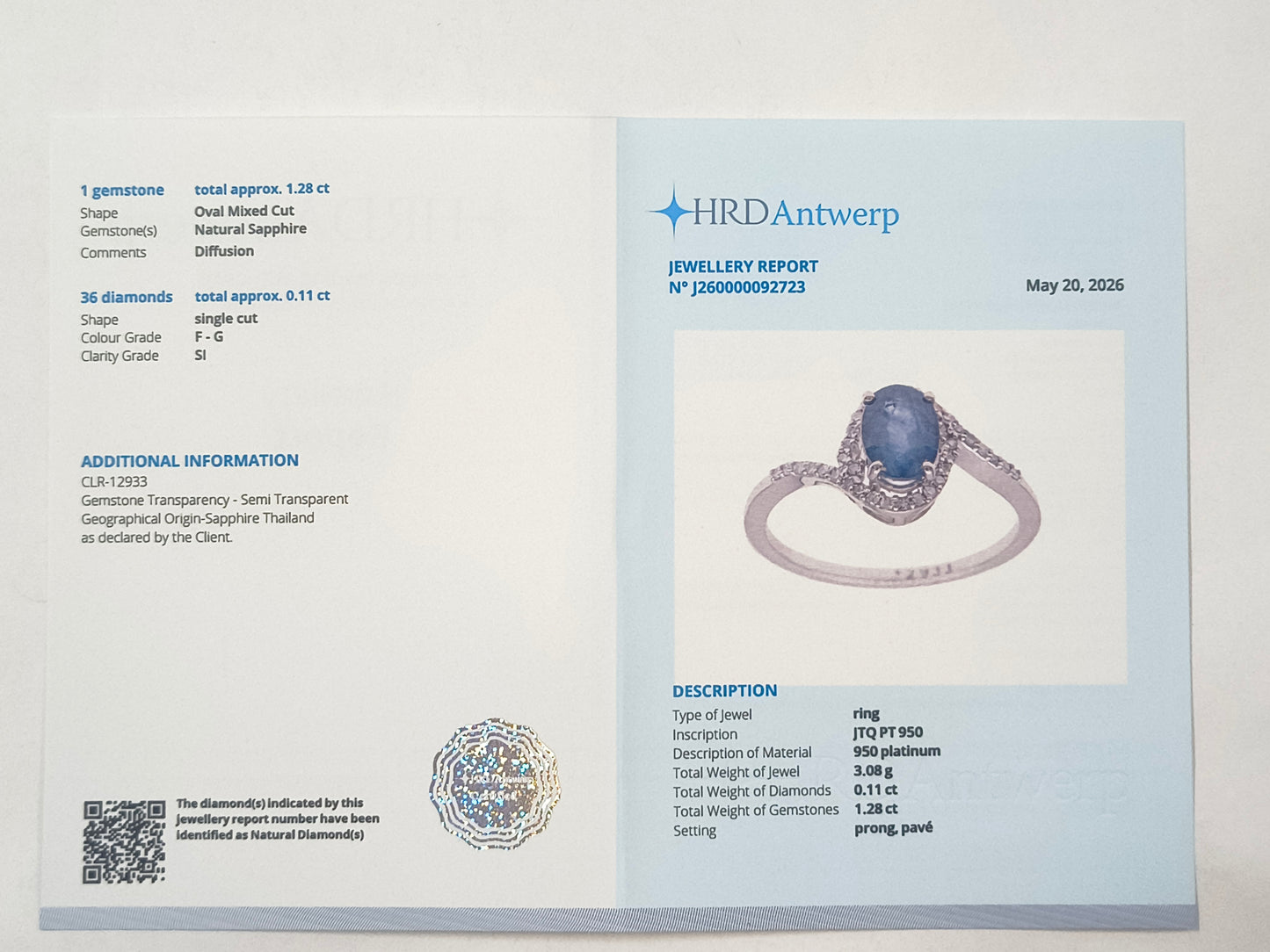 1.39 Ct Oval Sapphire 950 Platinum Ring