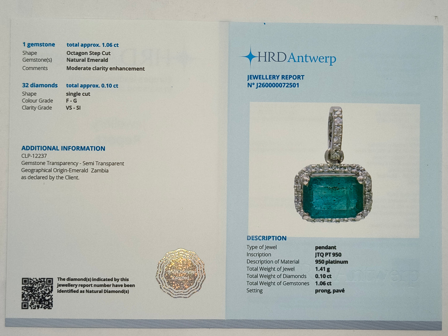 1.16 Ct Octagon Step Cut Natural Emerald 950 Platinum Pendant