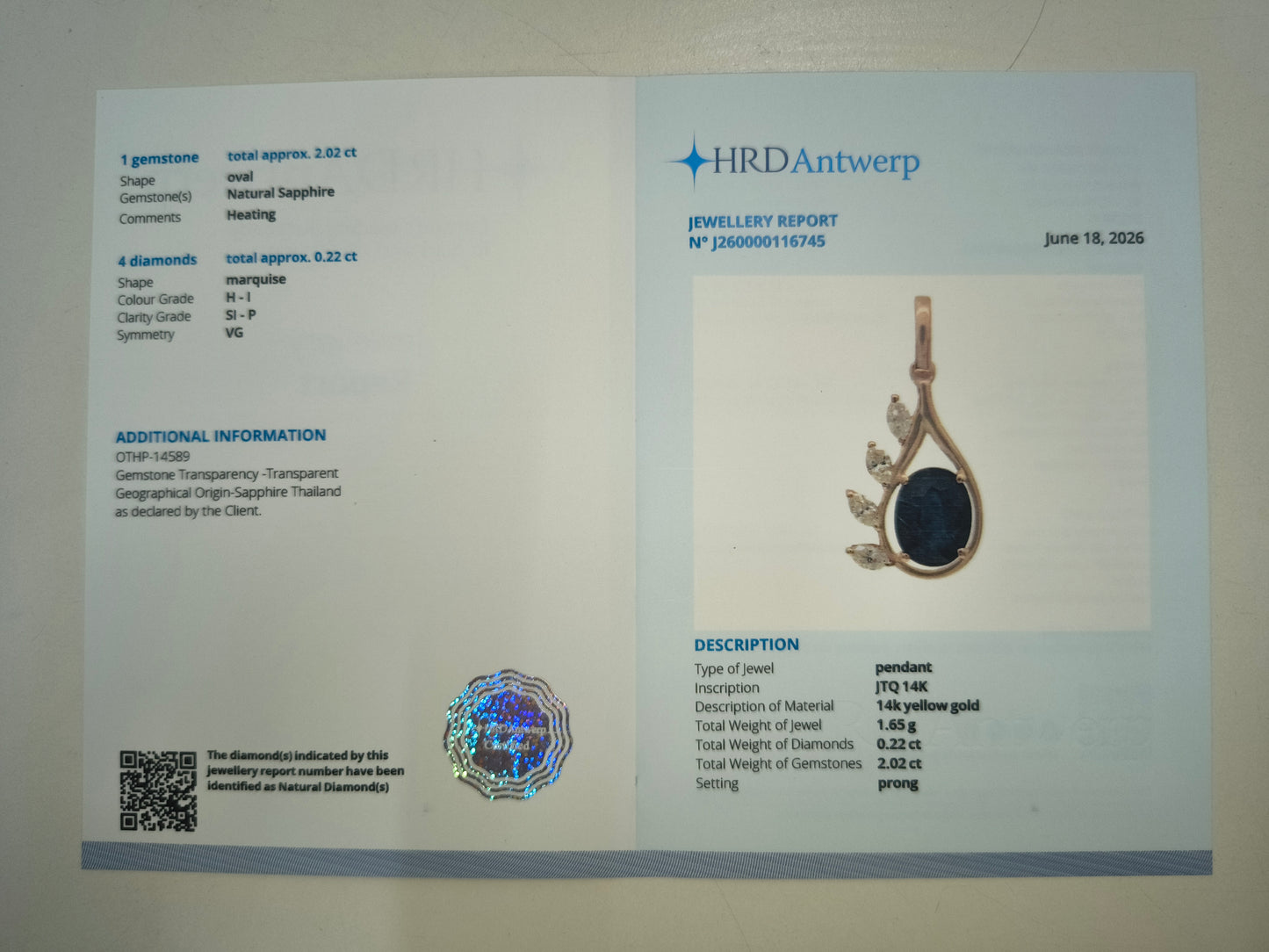 2.24 Ct Oval Natural Sapphire 14K Gold Pendant