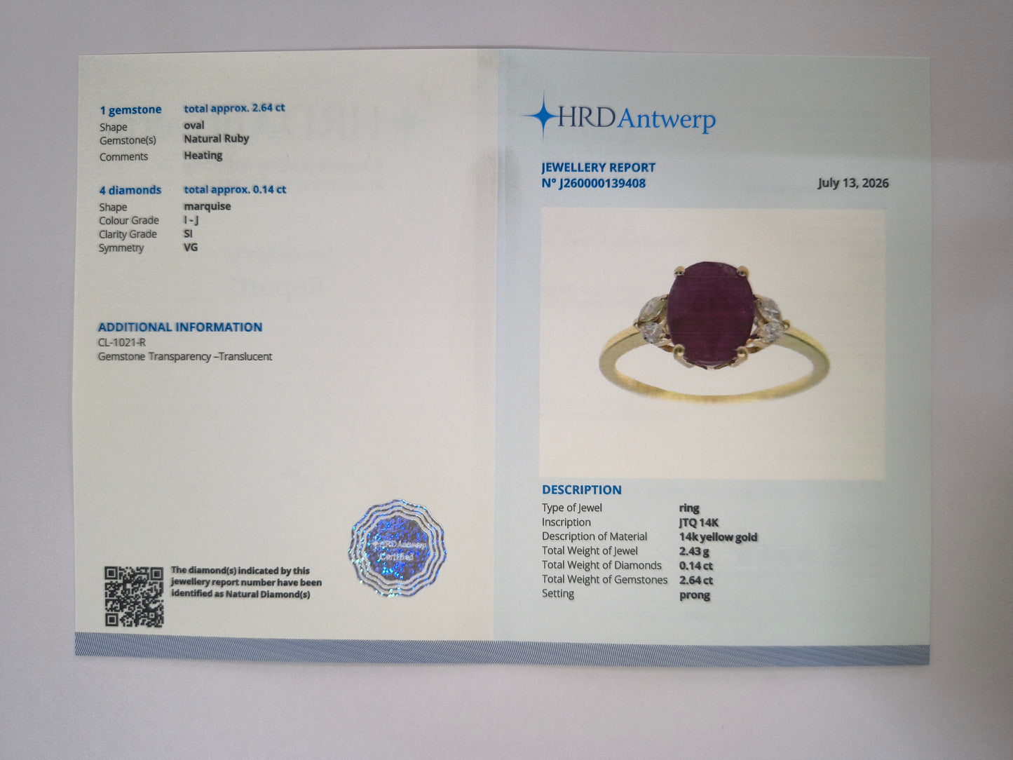 2.78 Ct Oval Natural Ruby 14K Gold Ring