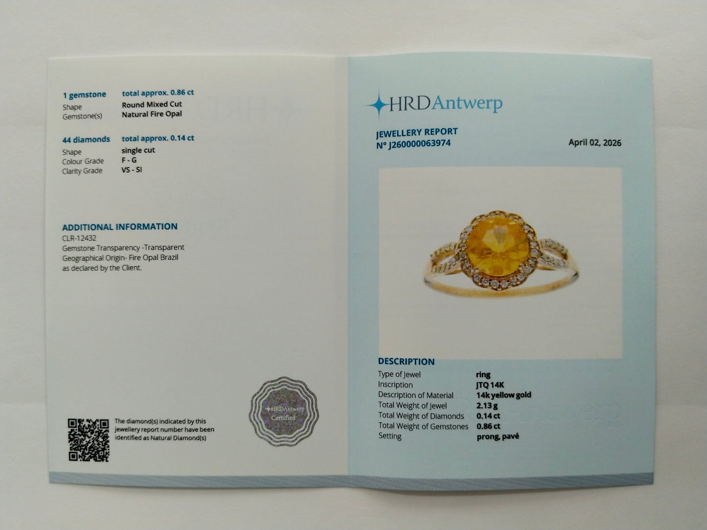 1.00 Ct Round Mixed Cut Natural Fire Opal 14K Gold Ring