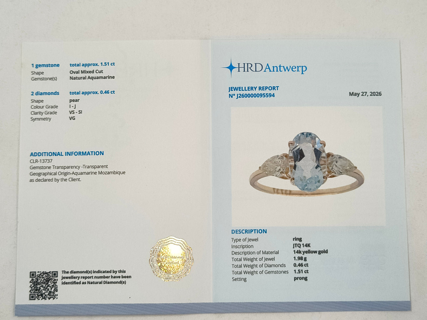 1.97 Ct Oval Mixed Cut Natural Aquamarine 14K Gold Ring