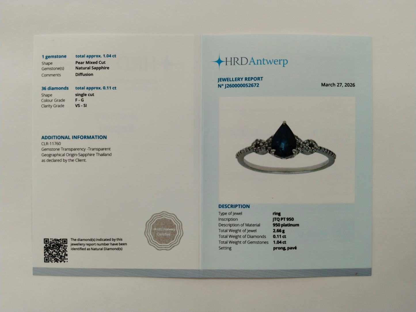 1.15 Ct Pear Mixed Cut Natural Sapphire 950 Platinum Ring