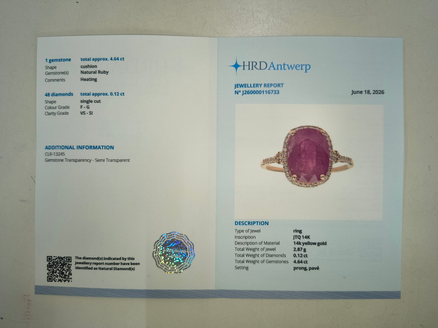 4.76 Ct Cushion Natural Ruby 14K Gold Ring