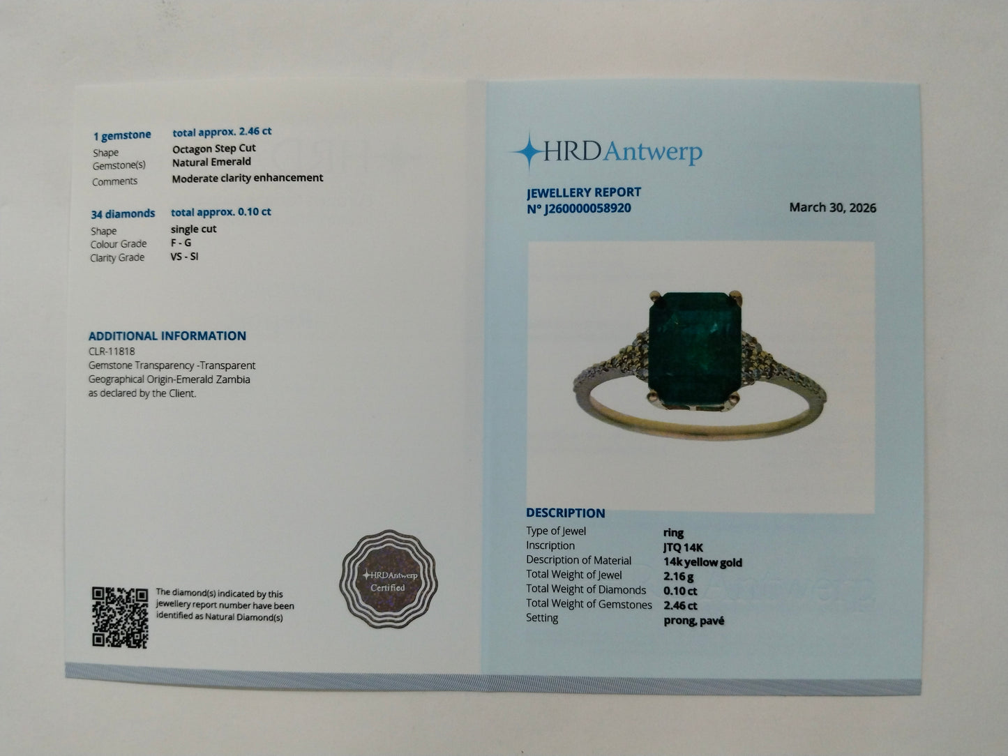 2.56 Ct Octagon Step Cut Natural Emerald 14K Gold Ring