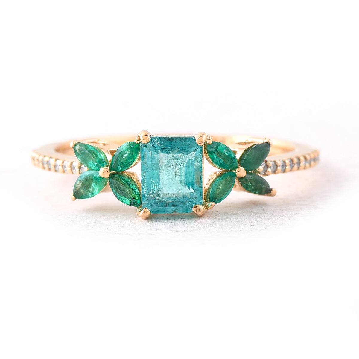 0.95 Ct Octagon Step Cut, Marquise Mixed Cut Natural Emerald 14K Gold Ring
