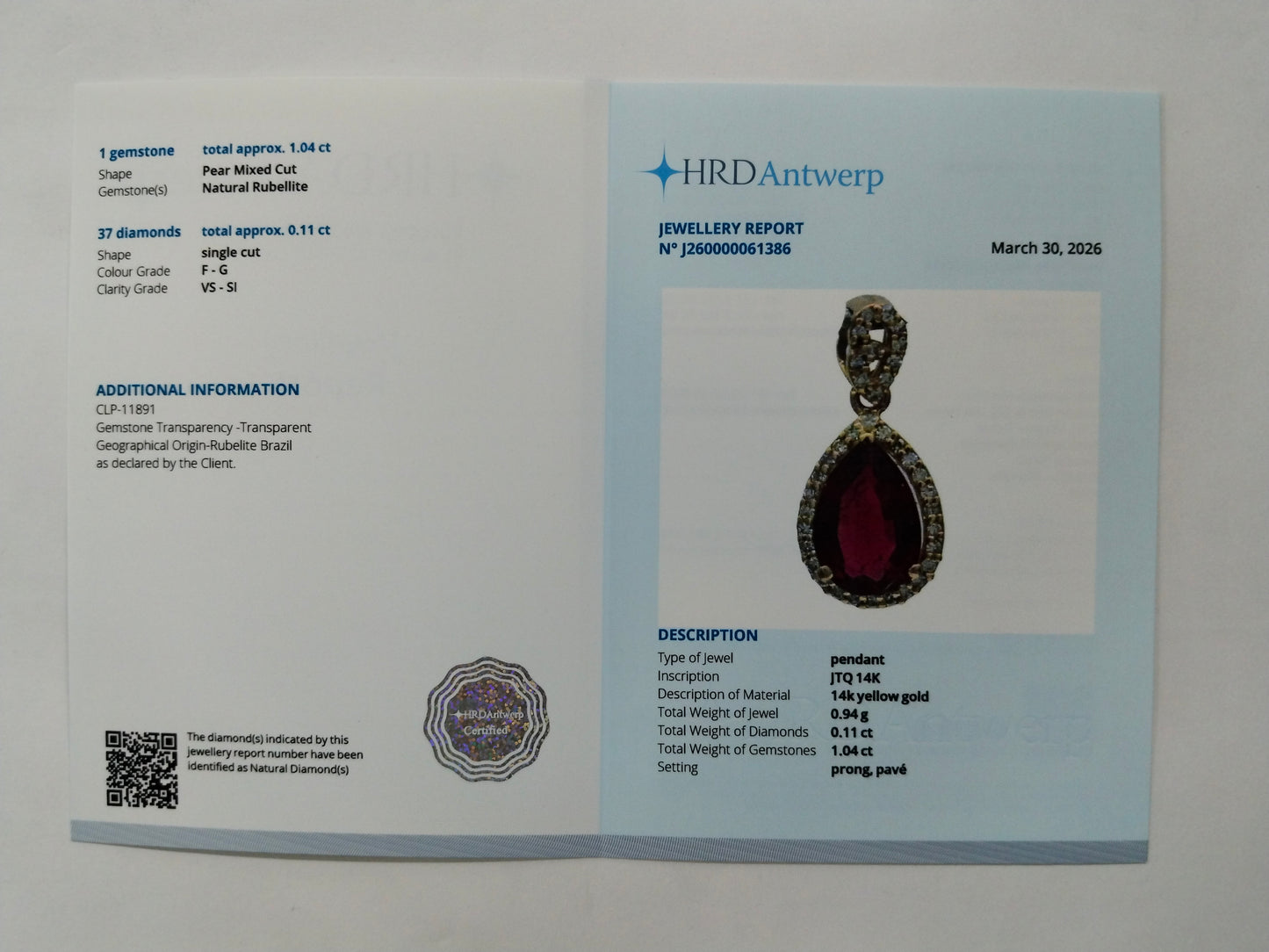1.15 Ct Pear Mixed Cut Natural Rubellite 14K Gold Pendant