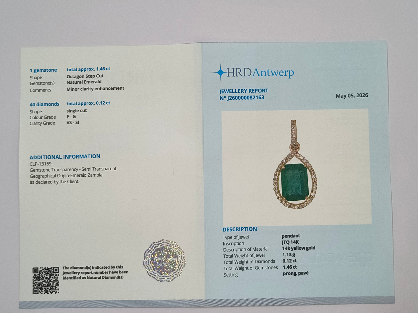 1.58 Ct Octagon Step Cut Natural Emerald 14K Gold Pendant