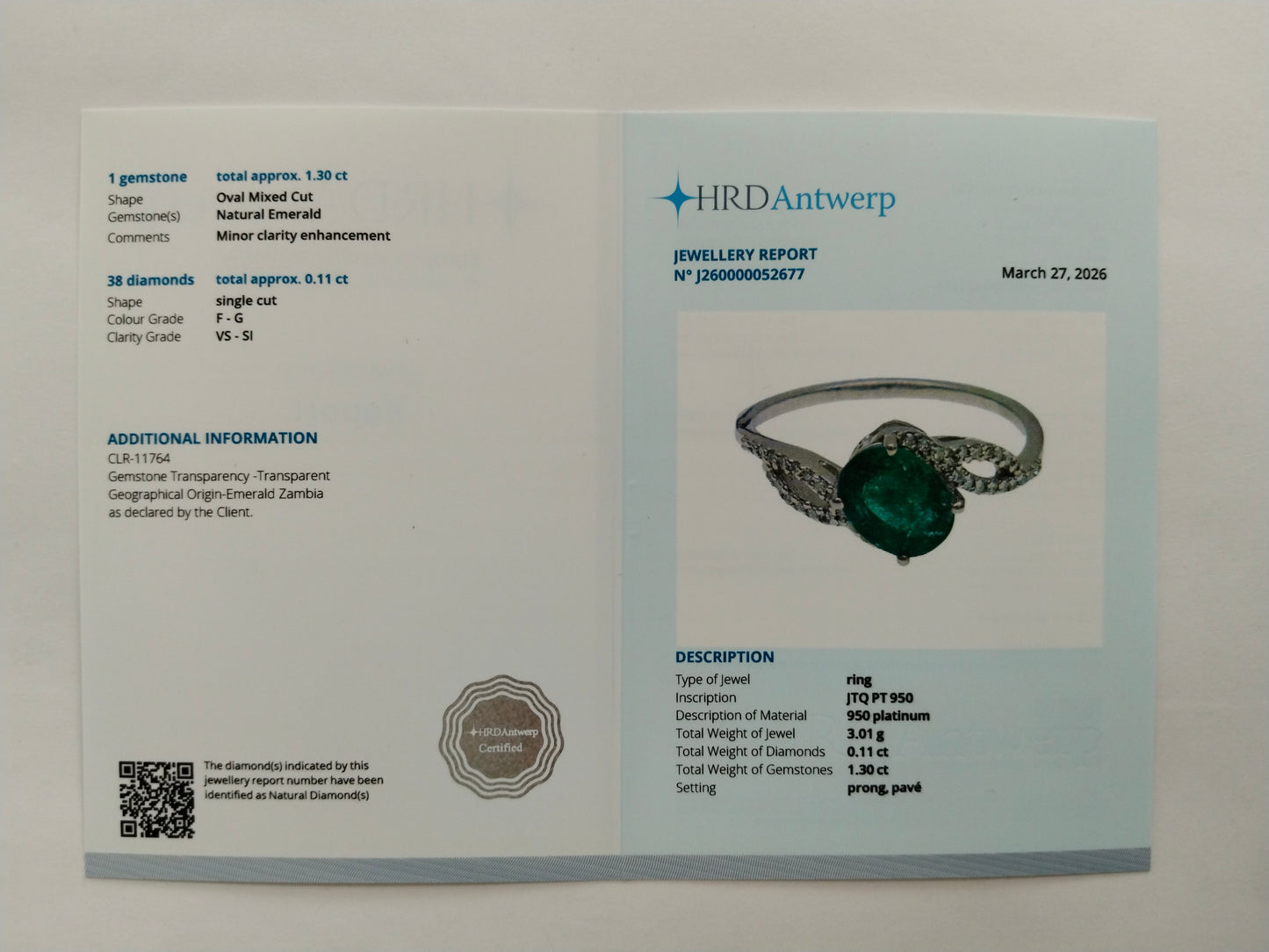 1.41 Ct Oval Mixed Cut Natural Emerald 950 Platinum Ring