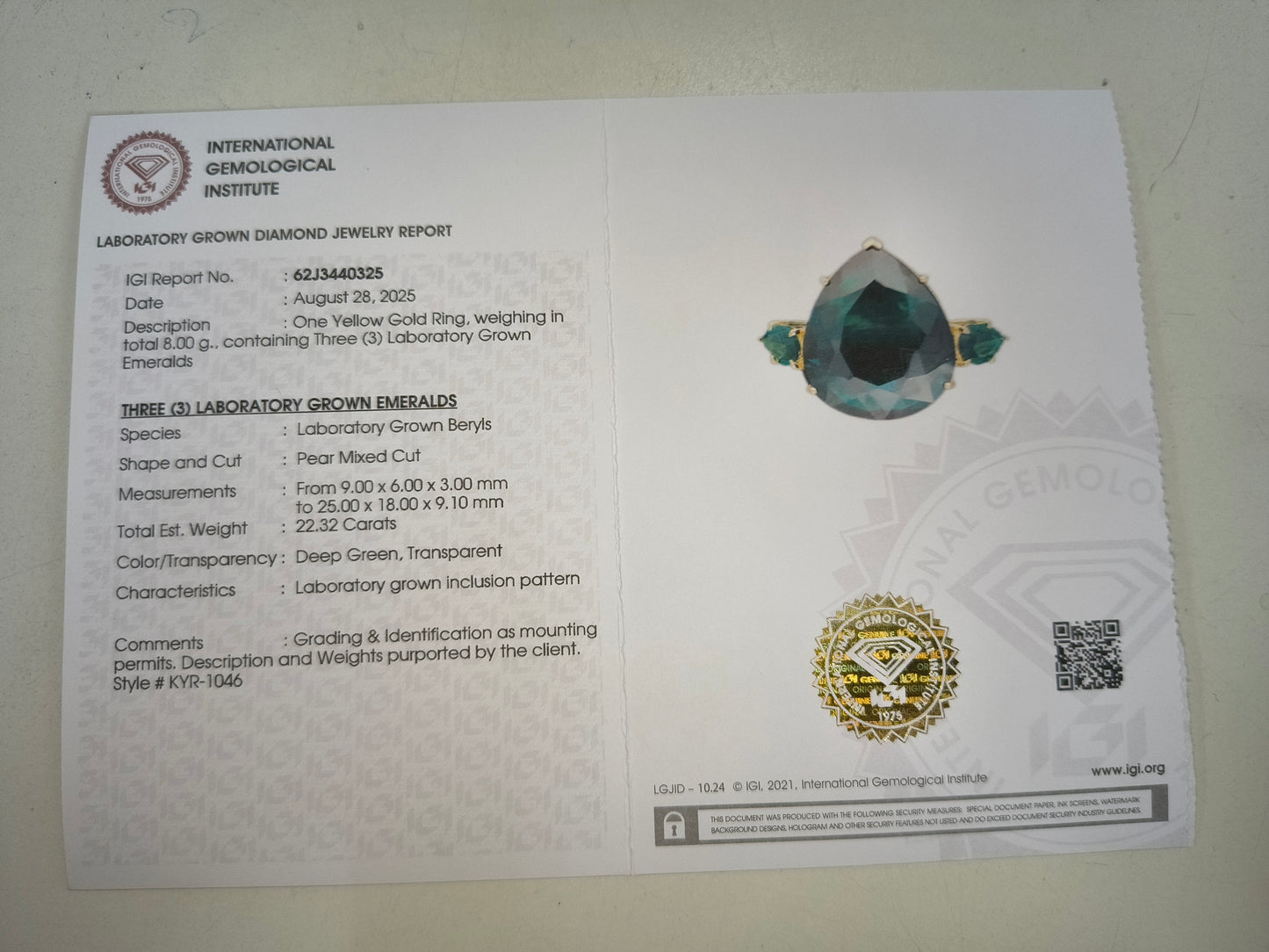 22.32 Ct Pear Mixed Cut Lab Grown Emerald 14K Gold Ring