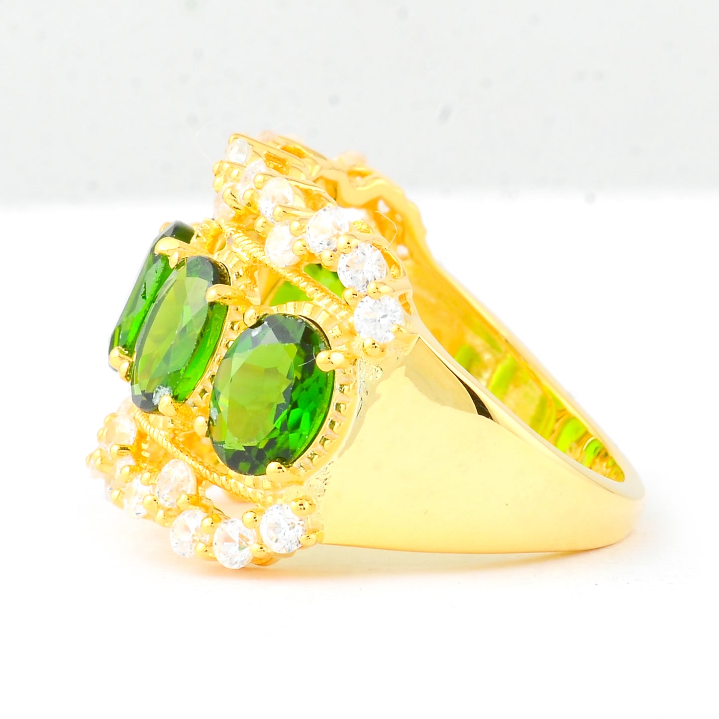 5.78 Ct Oval Chrome Diopside, White Zircon 925 Sterling Silver Ring