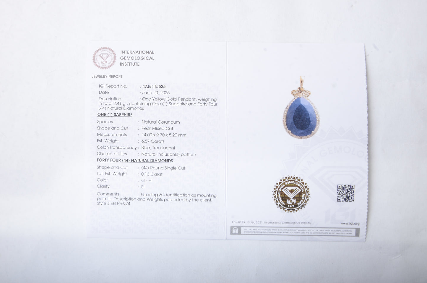 6.70 Ct Pear Mixed Cut Natural Corundum Sapphire 14K Gold Pendant