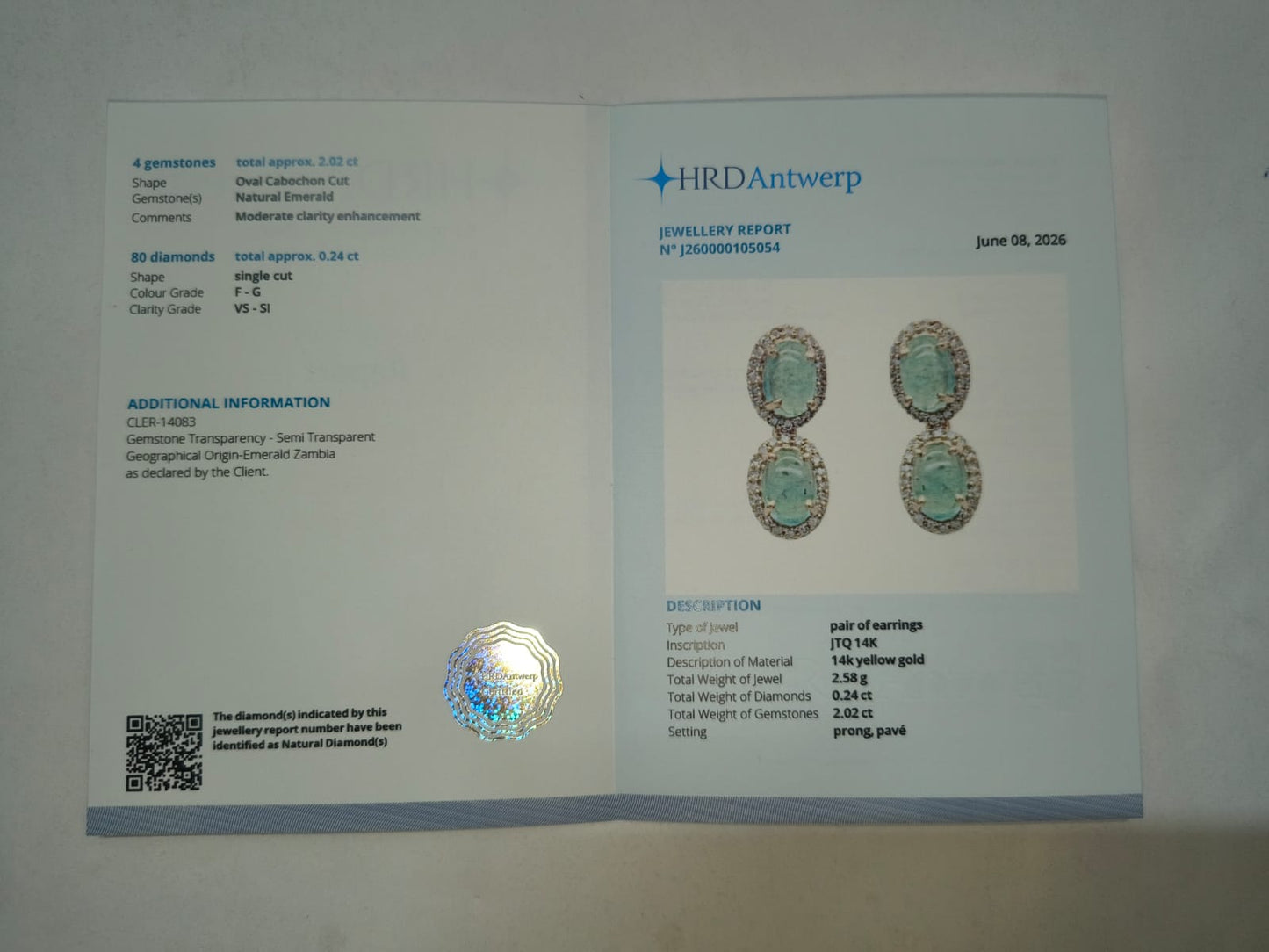 2.26 Ct Oval Cabochon Cut Natural Emerald 14K Gold Earrings