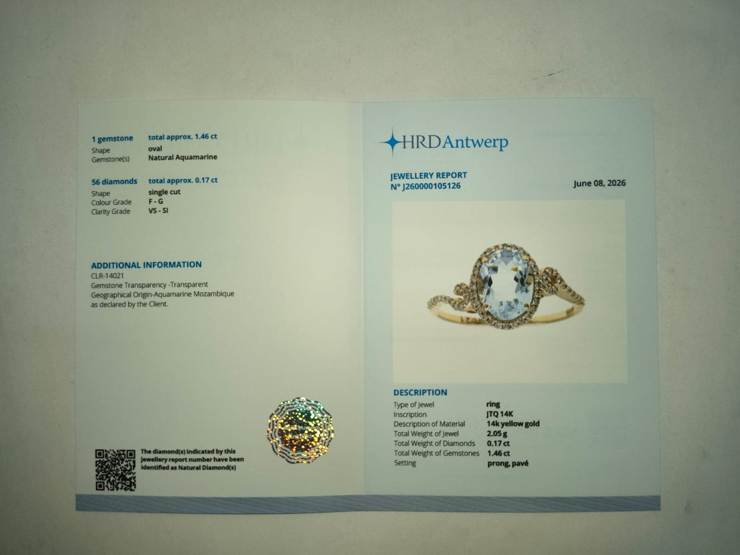 1.63 Ct Oval Mixed Cut Natural Aquamarine 14K Gold Ring