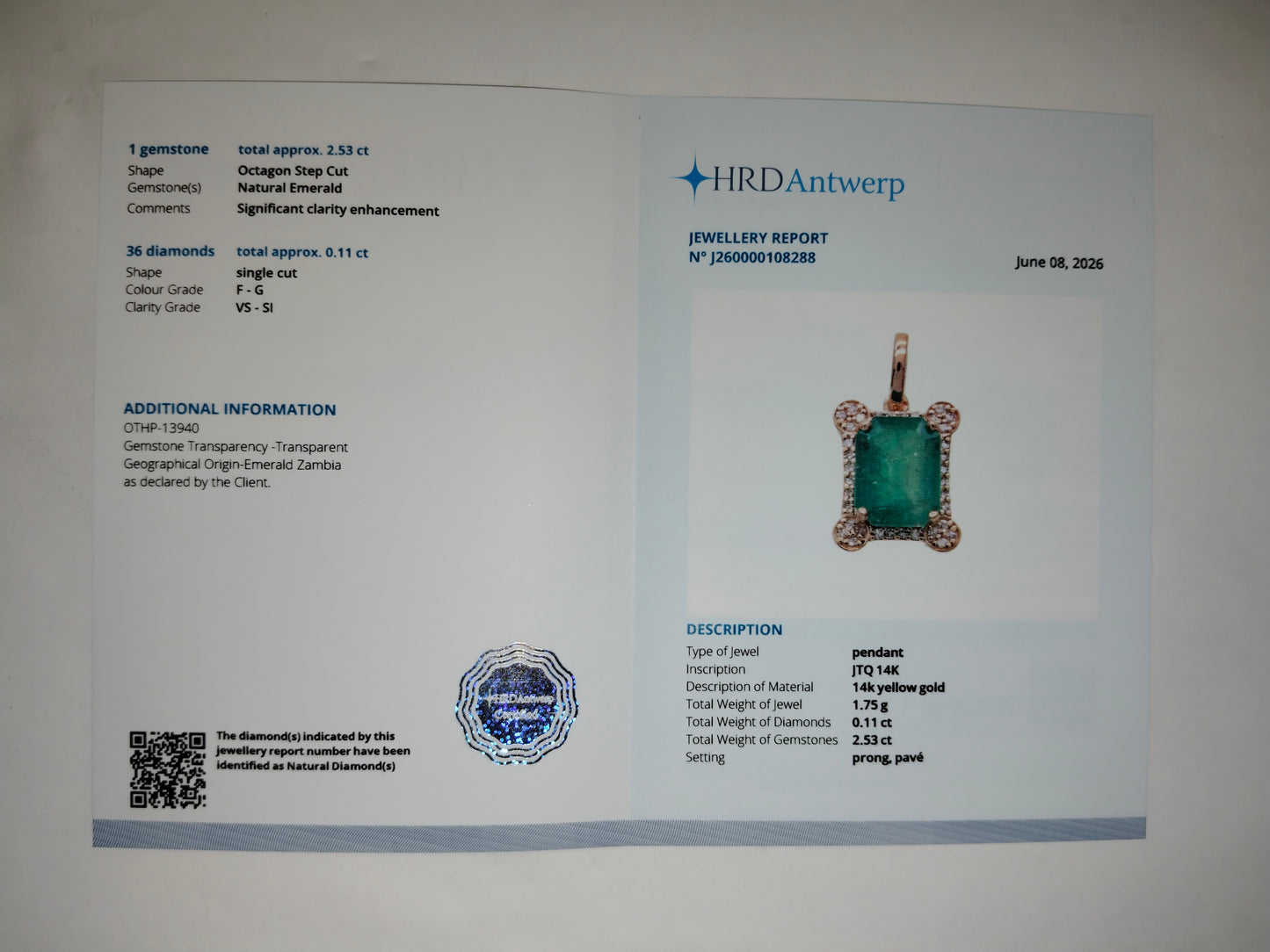 2.64 Ct Octagon Step Cut Natural Emerald 14K Gold Pendant