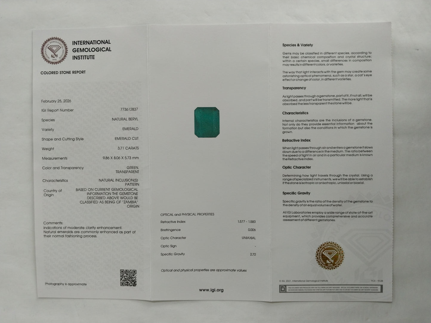 3.71 Natural Beryl Emerald Emerald Cut Gemstone