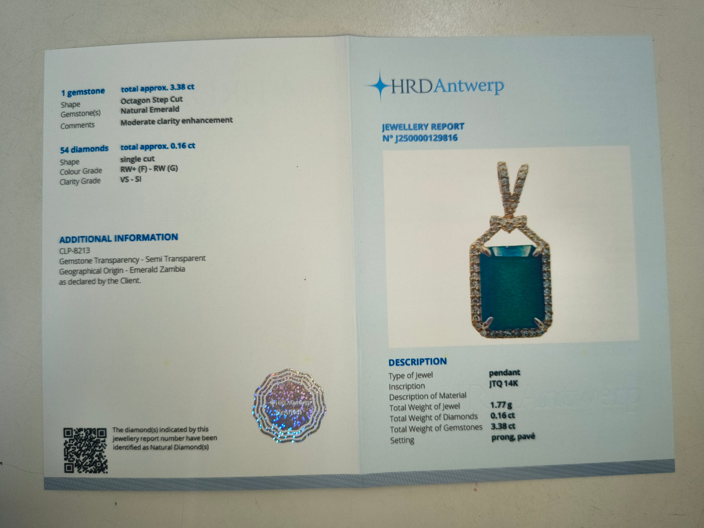3.54 Ct Octagon Natural Emerald 14K Gold Pendant