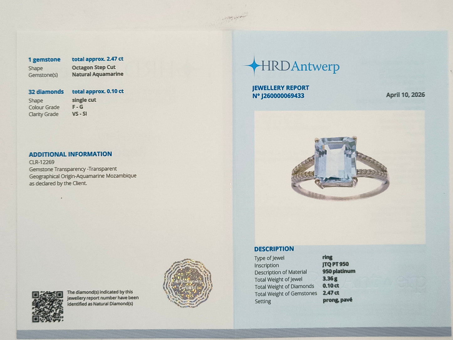 2.57 Ct Octagon Step Cut Natural Aquamarine 950 Platinum Ring