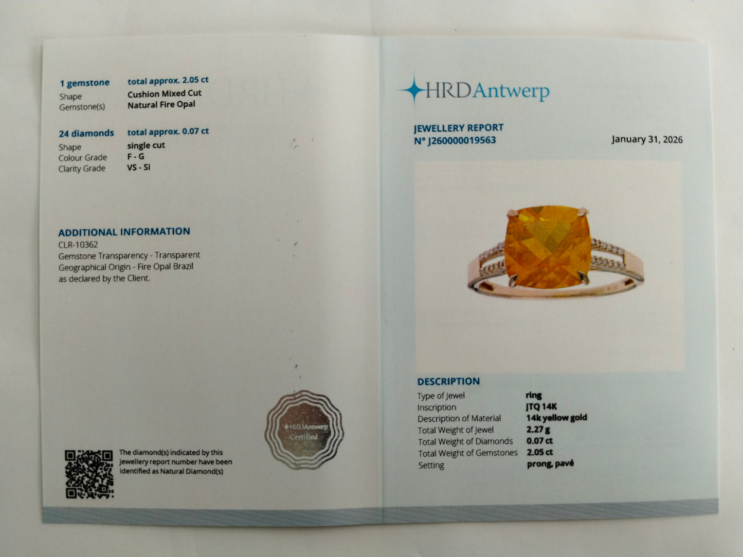 2.12 Ct Cushion Mixed Cut Natural Fire Opal 14K Gold Ring