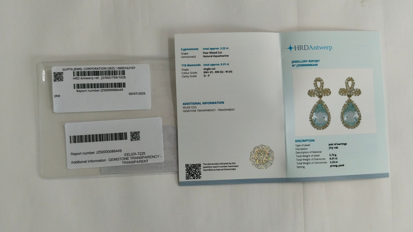 2.53 Ct Pear Mixed Cut Natural Aquamarine 14K Gold Earrings