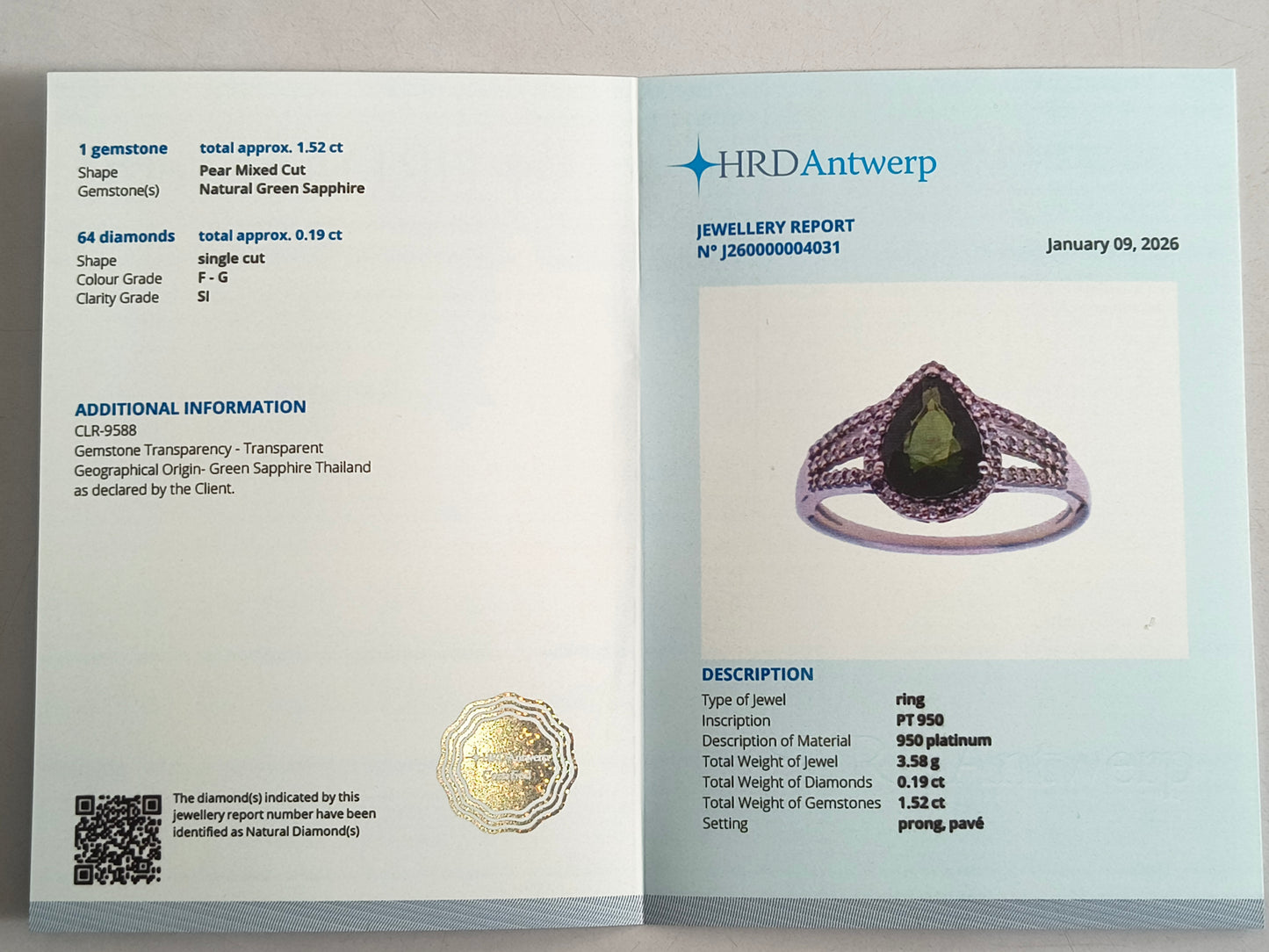 1.71 Ct Pear Mixed Cut Natural Green Sapphire 950 Platinum Ring