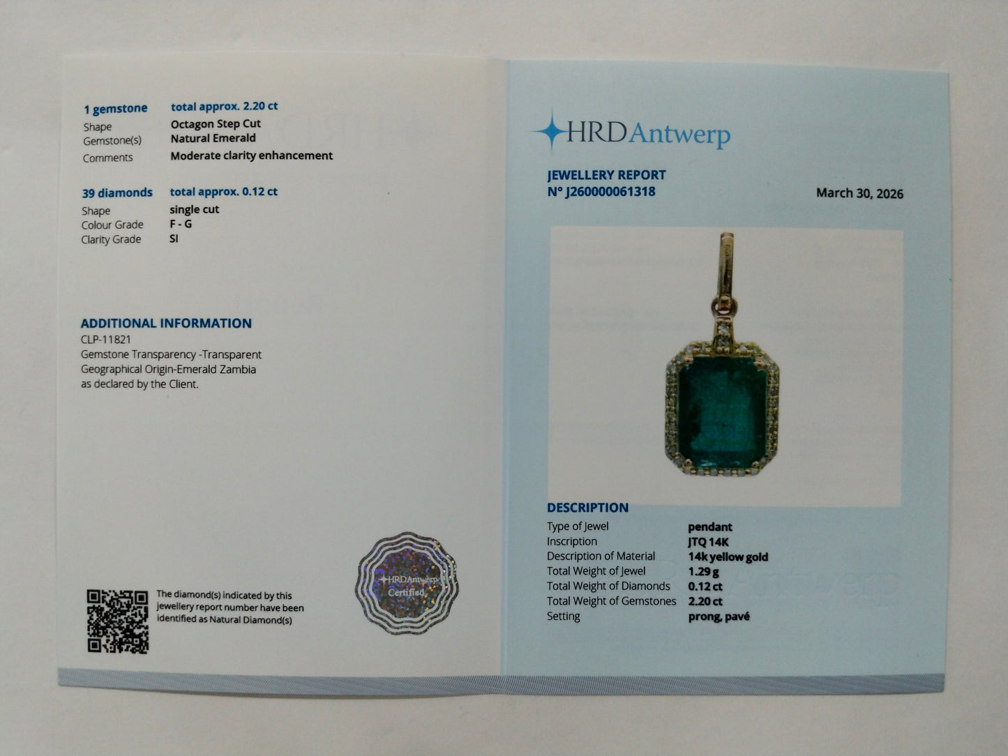 2.32 Ct Octagon Step Cut Natural Emerald 14K Gold Pendant