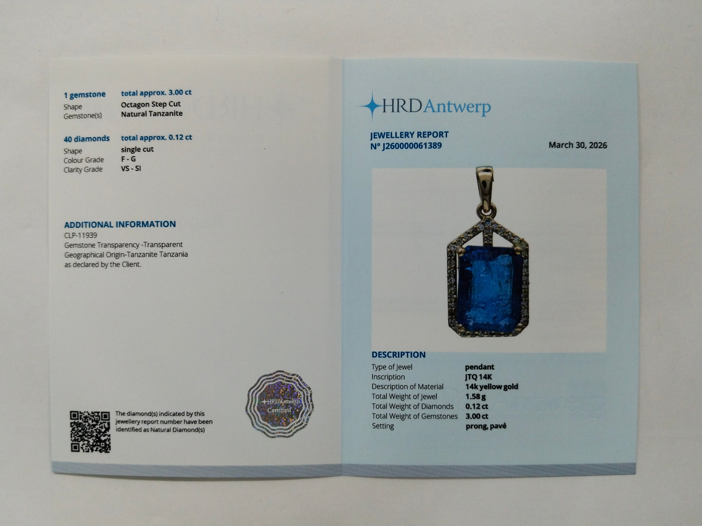 3.12 Ct Octagon Step Cut Natural Tanzanite 14K Gold Pendant