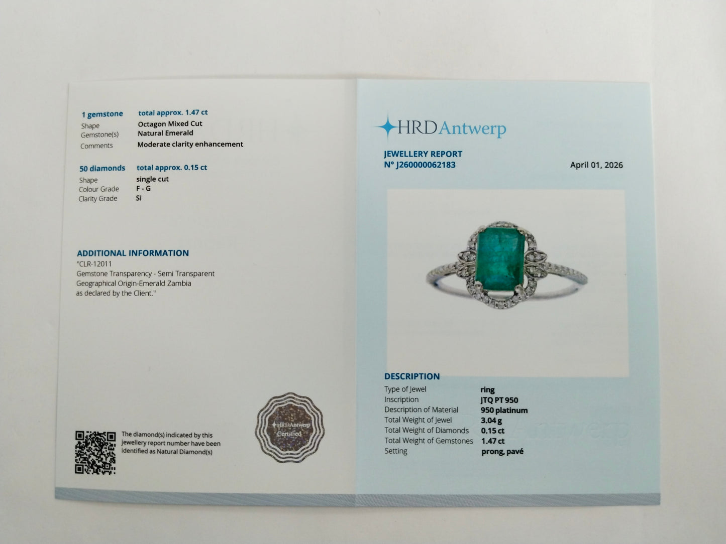 1.62 Ct Octagon Step Cut Natural Emerald 950 Platinum Ring