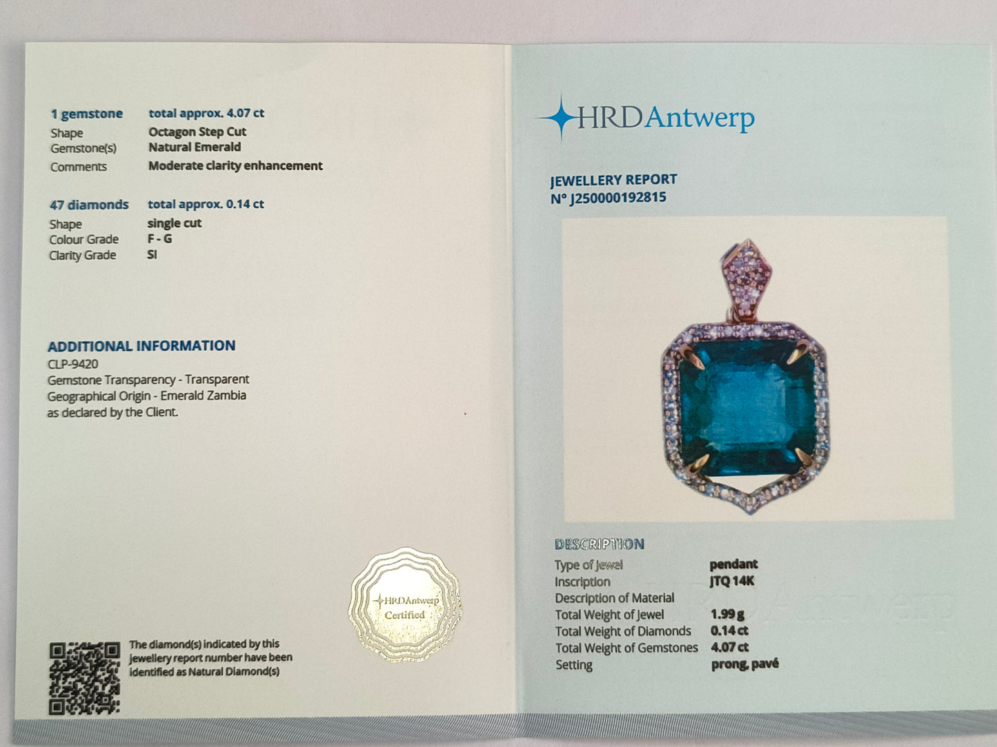 4.21 Ct Octagon Step Cut Natural Emerald 14K Gold Pendant