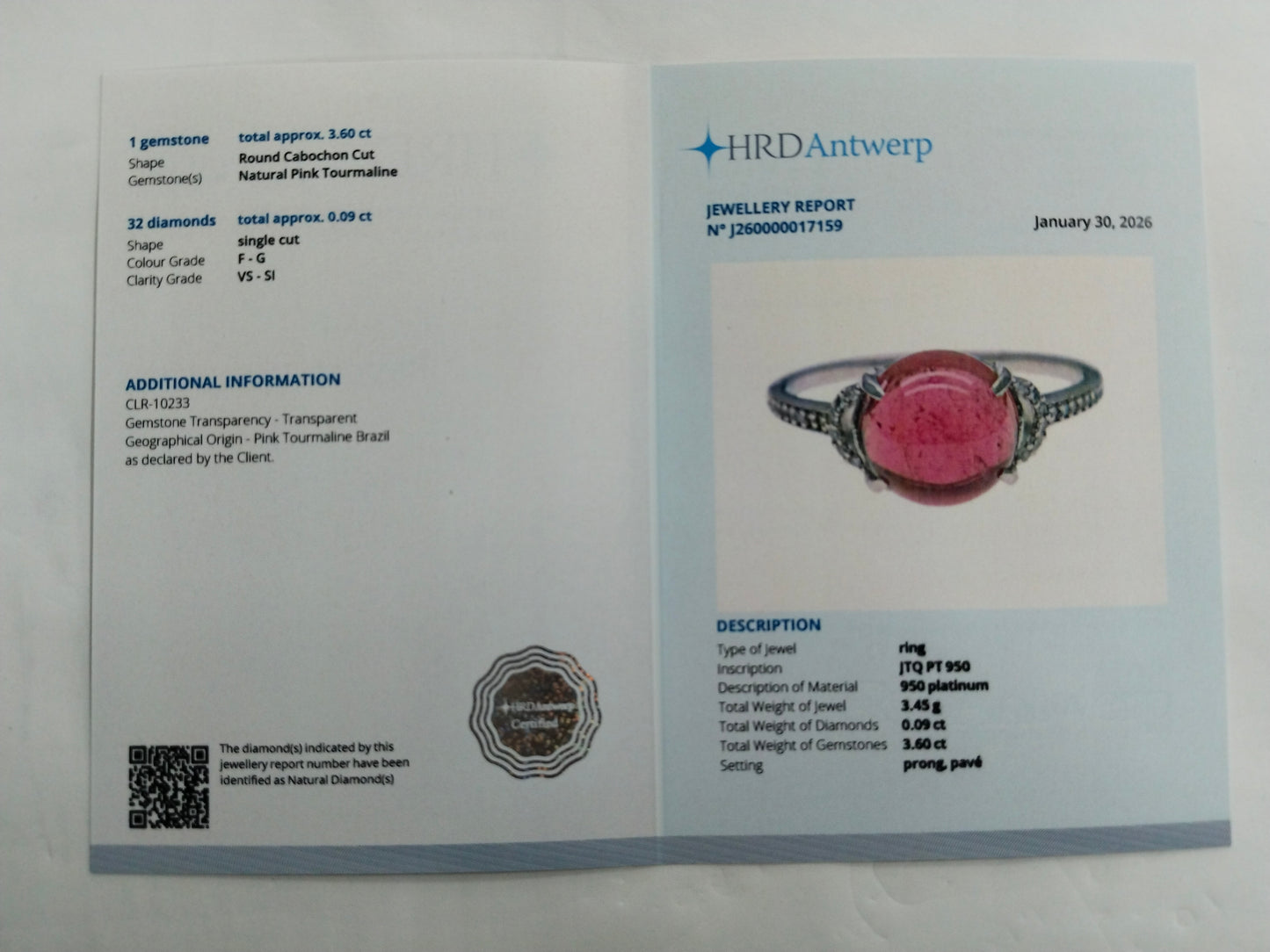3.69 Ct Round Cabochon Cut Natural Pink Tourmaline 950 Platinum Ring