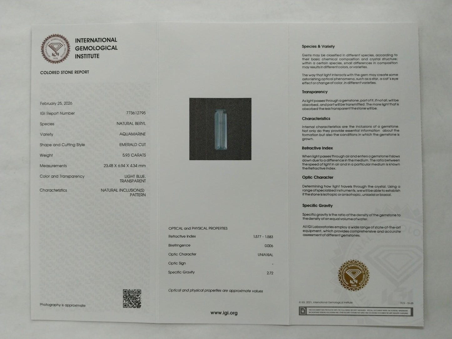 5.93 Natural Beryl Aquamarine Emerald Cut Gemstone