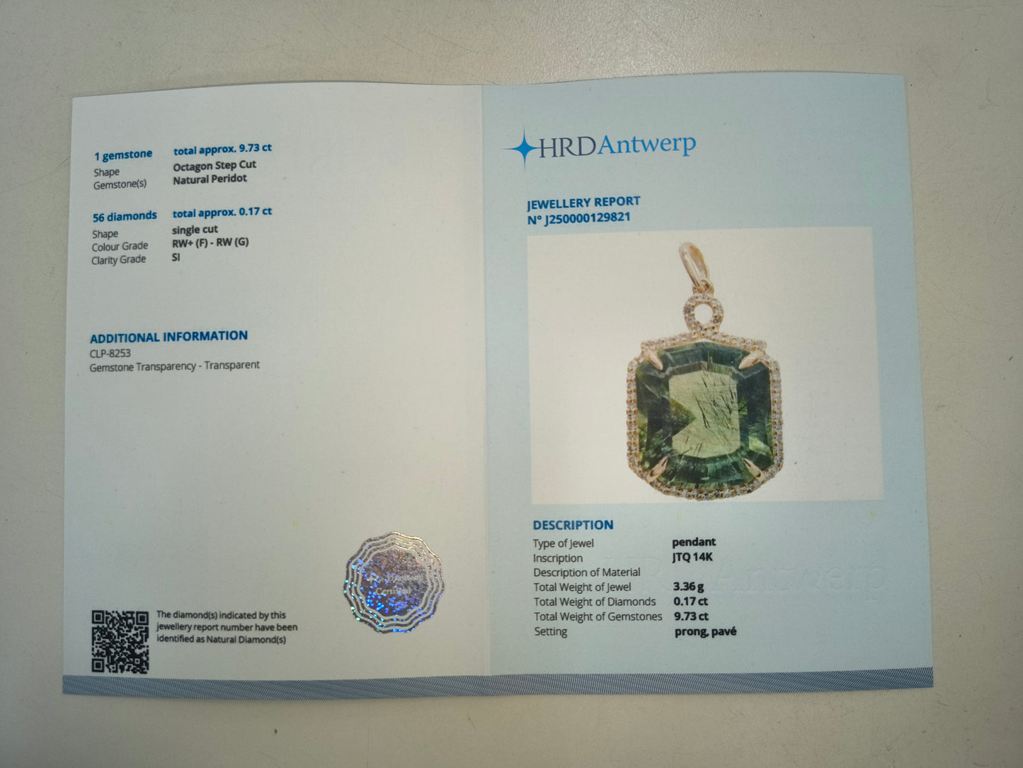 9.90 Ct Octagon Natural Eridot 14K Gold Pendant
