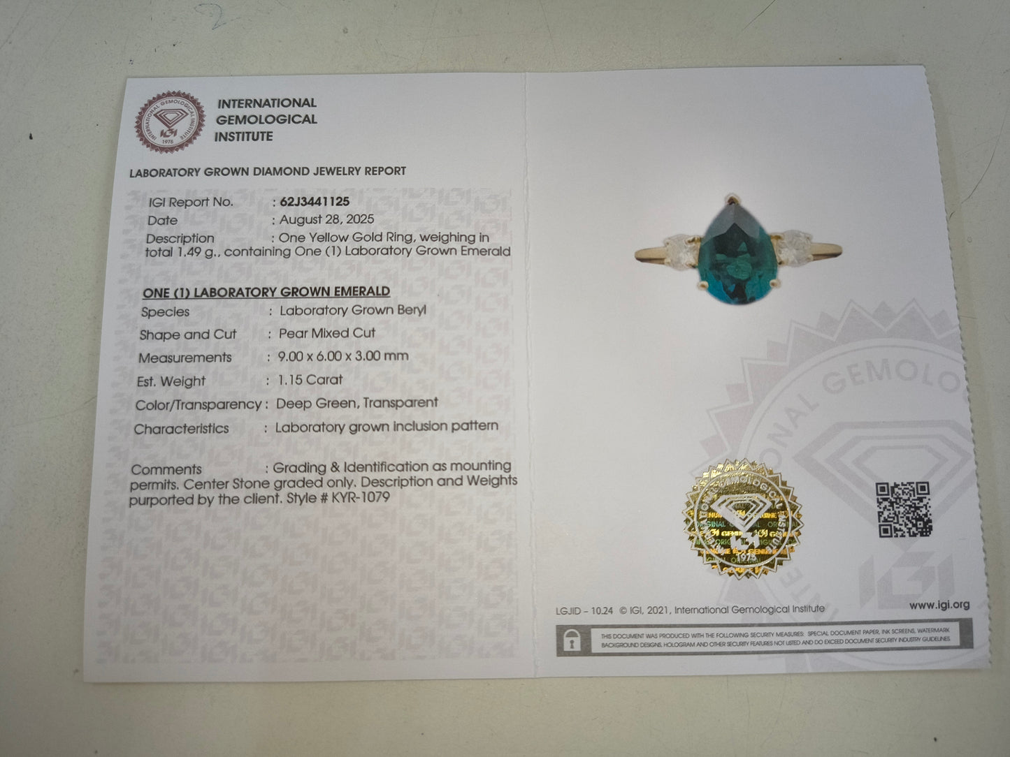 1.33 Ct Pear Mixed Cut Lab Grown Emerald 14K Gold Ring