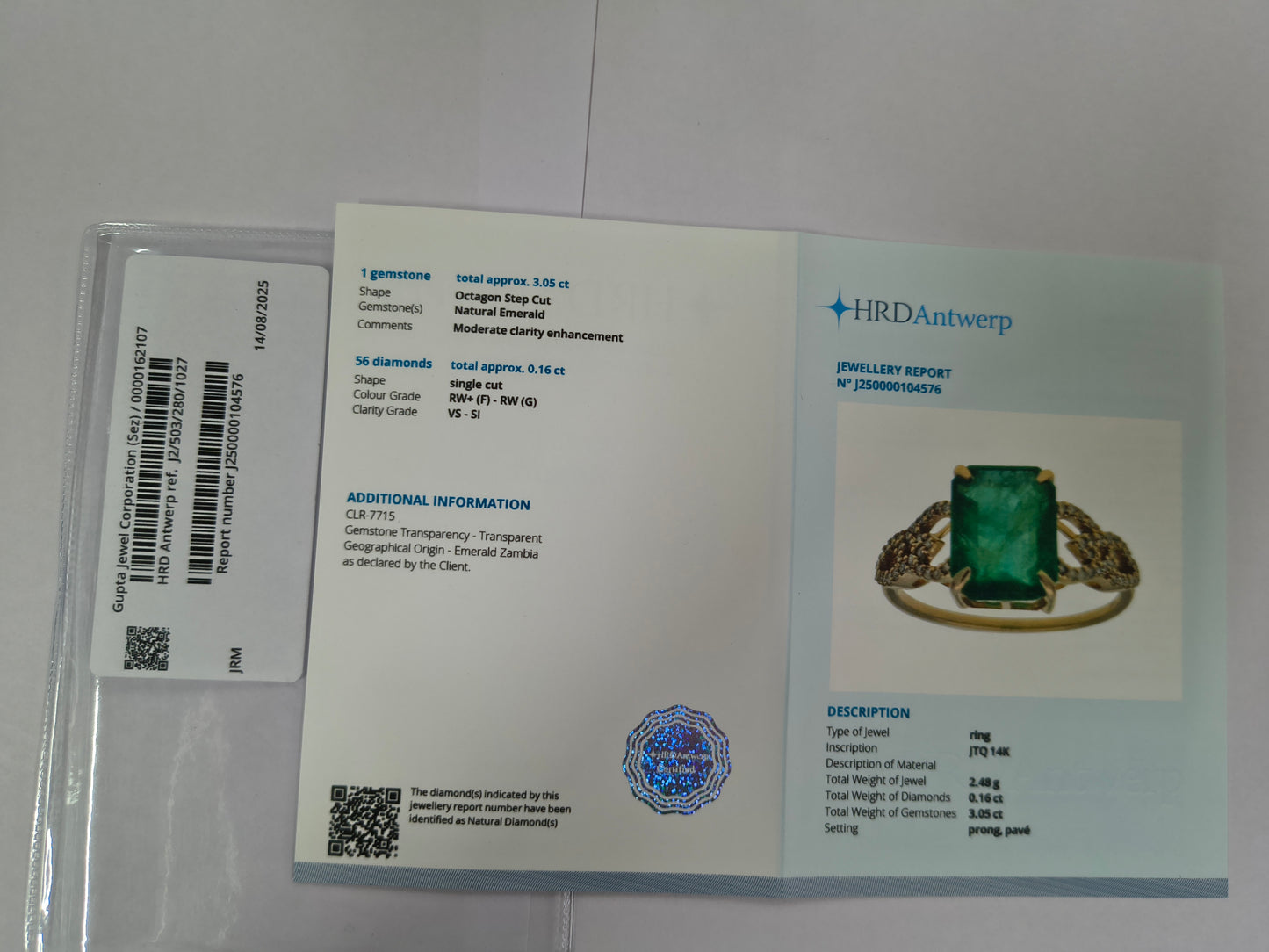 3.21 Ct Octagon Step Cut Natural Emerald 14K Gold Ring