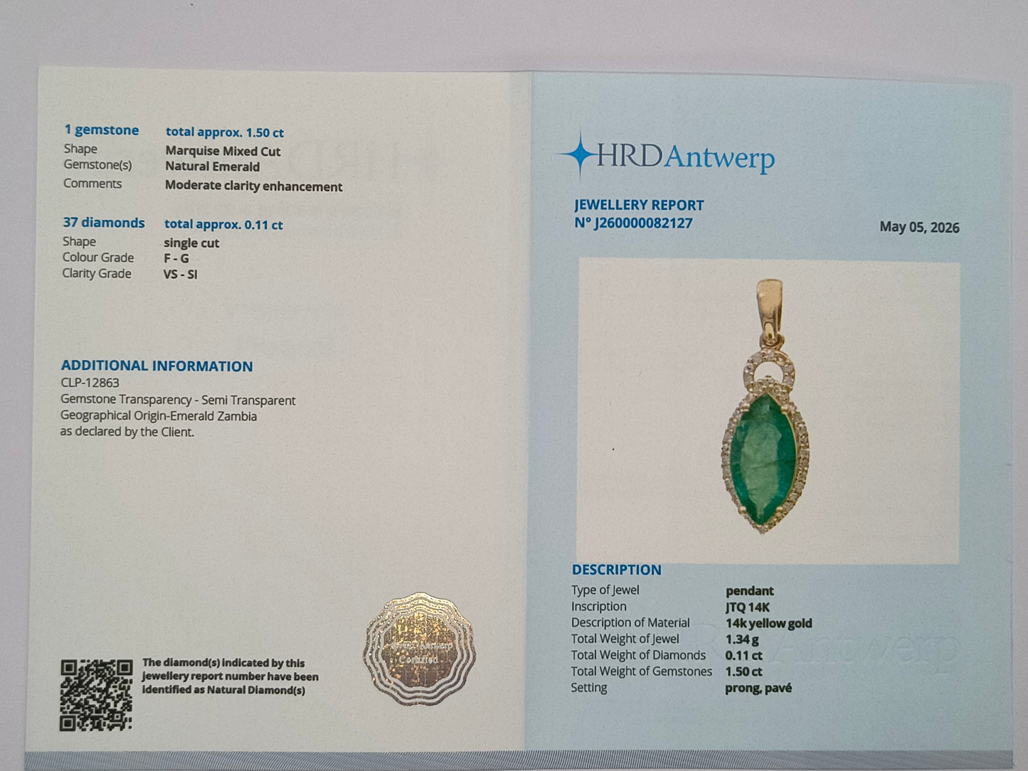 1.61 Ct Marquise Mixed Cut Natural Emerald 14K Gold Pendant