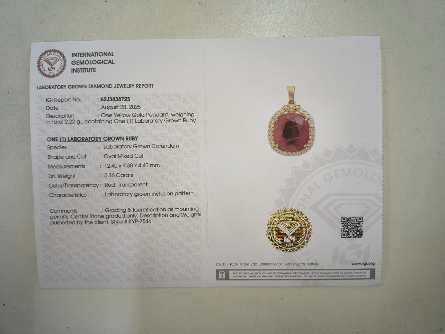 5.37 Ct Oval Mixed Cut Lab Grown Ruby 14K Gold Pendant