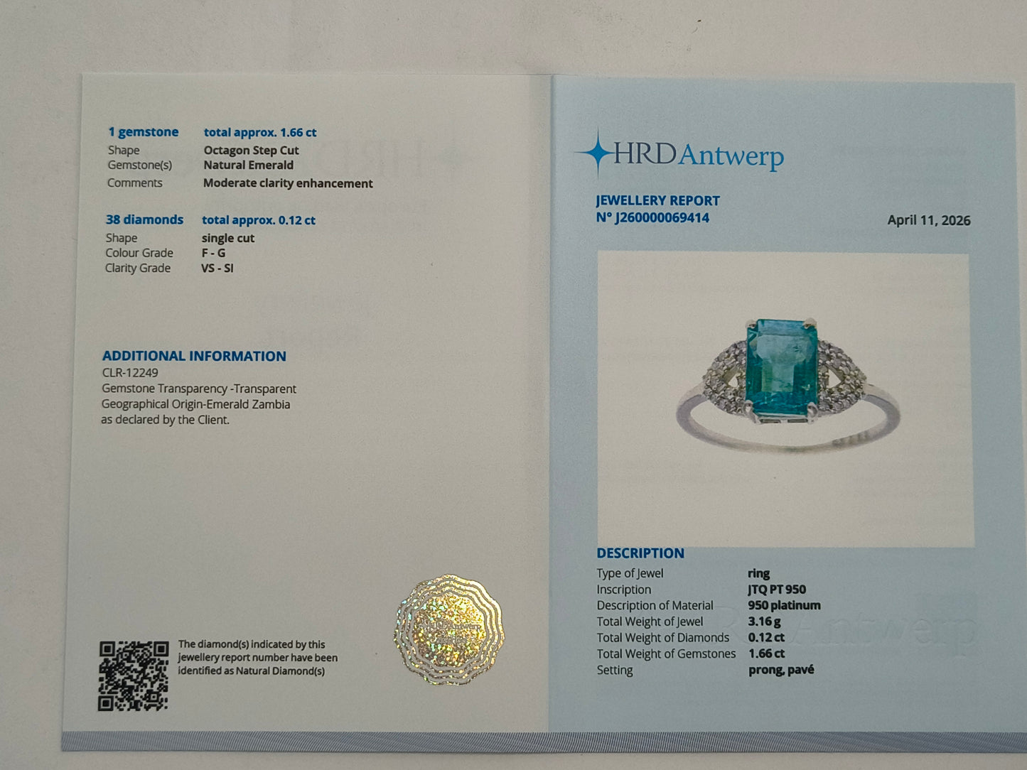 1.78 Ct Octagon Step Cut Natural Emerald 950 Platinum Ring