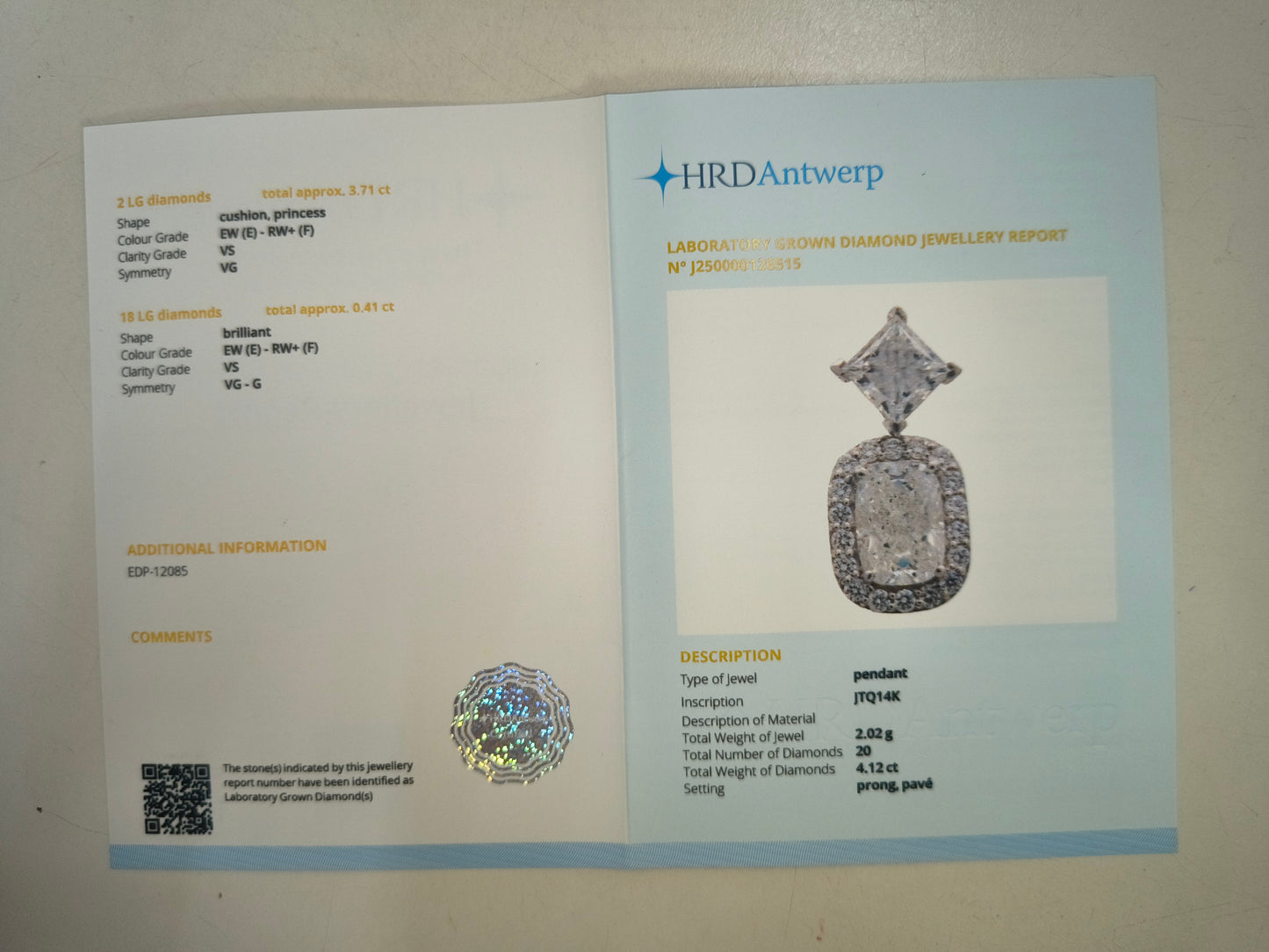 4.12 Carats Lab Grown Diamond 14K Gold Pendant