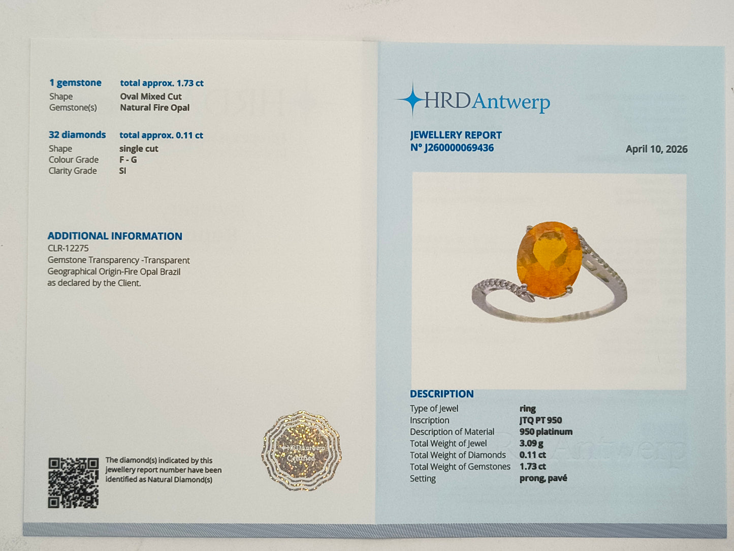 1.84 Ct Oval Mixed Cut Natural Fire Opal 950 Platinum Ring