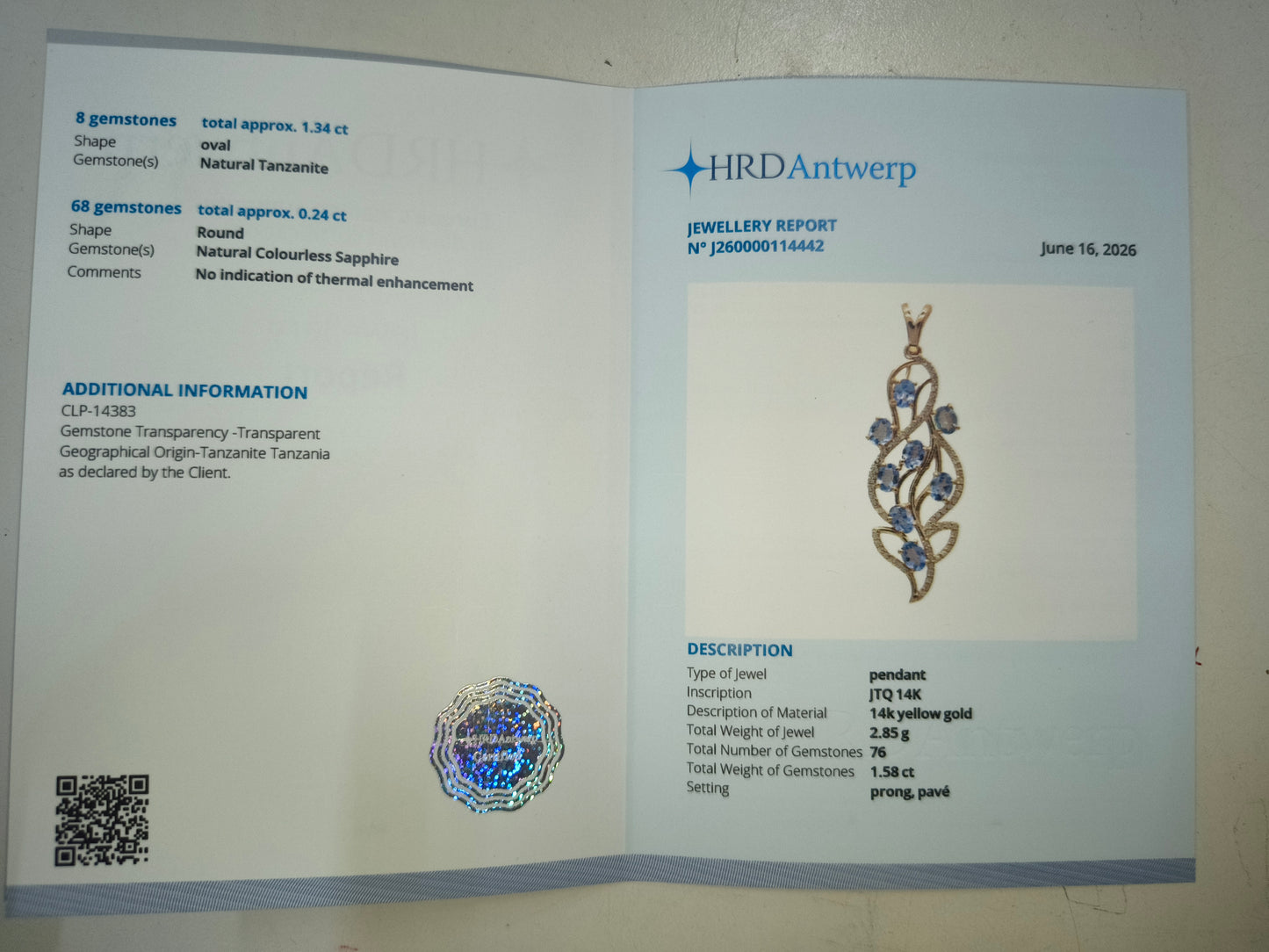 1.58 Ct Oval Natural Tanzanite 14K Gold Pendant