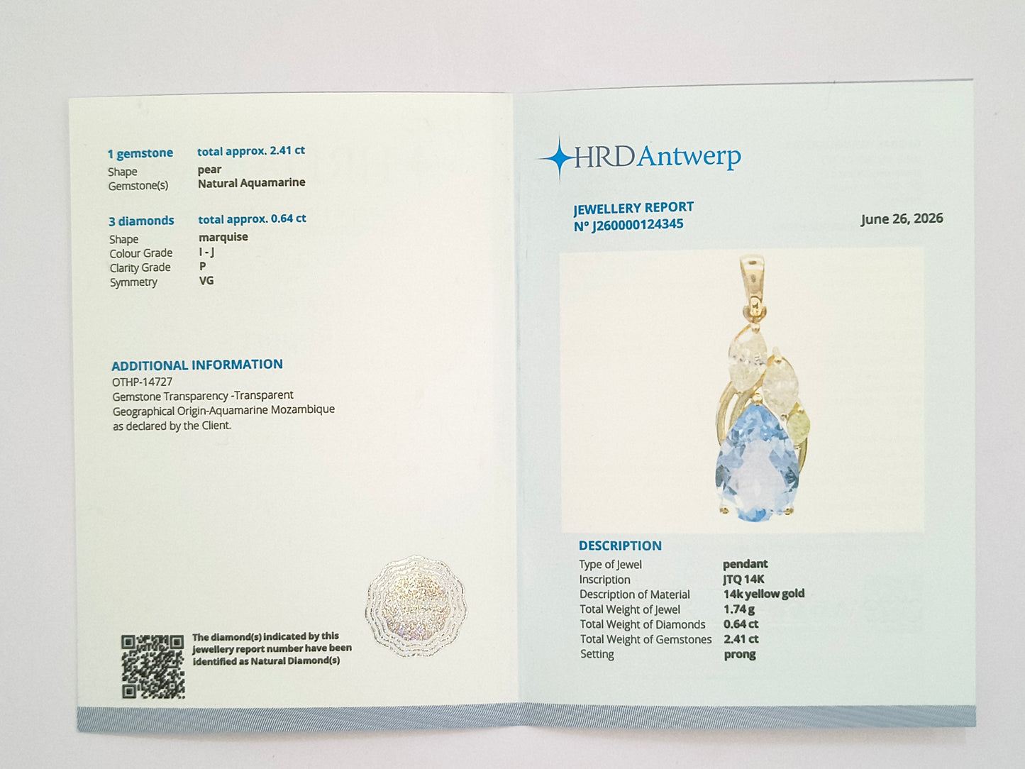 3.05 Ct Pear Natural Aquamarine 14K Gold Pendant