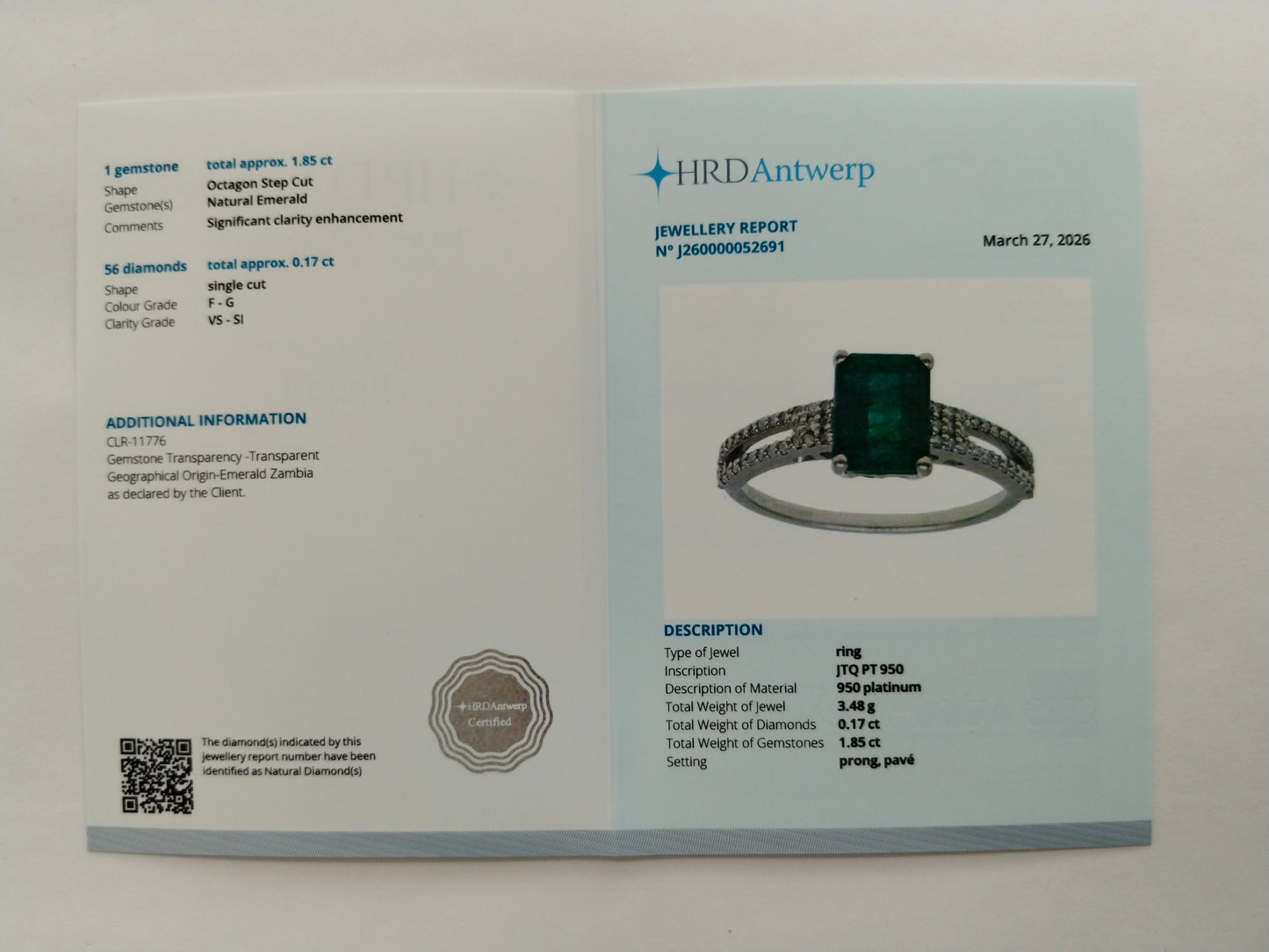 2.02 Ct Octagon Step Cut Natural Emerald 950 Platinum Ring
