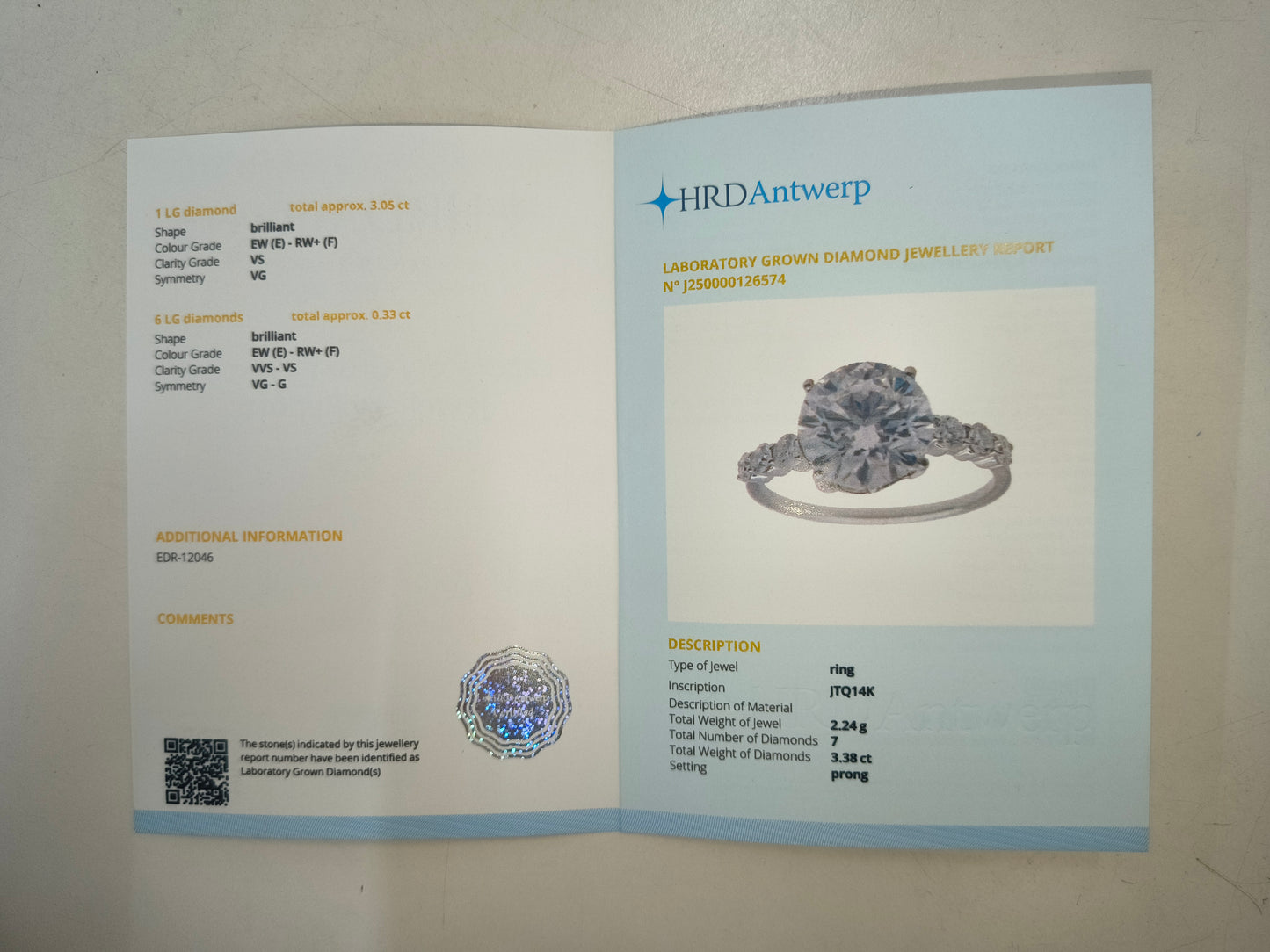 3.38 Carats Lab Grown Diamond 14K Gold Ring