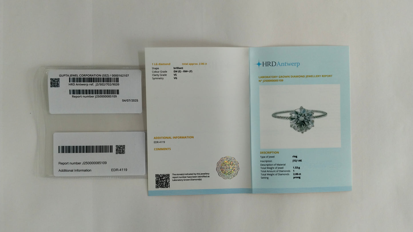 2.06 Carats Lab Grown Diamond 14K Gold Ring