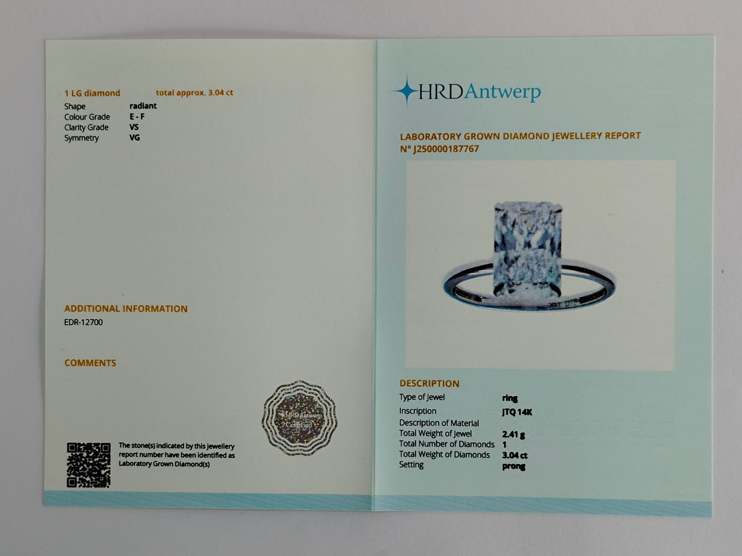 3.04 Carats Lab Grown Diamond 14K Gold Ring
