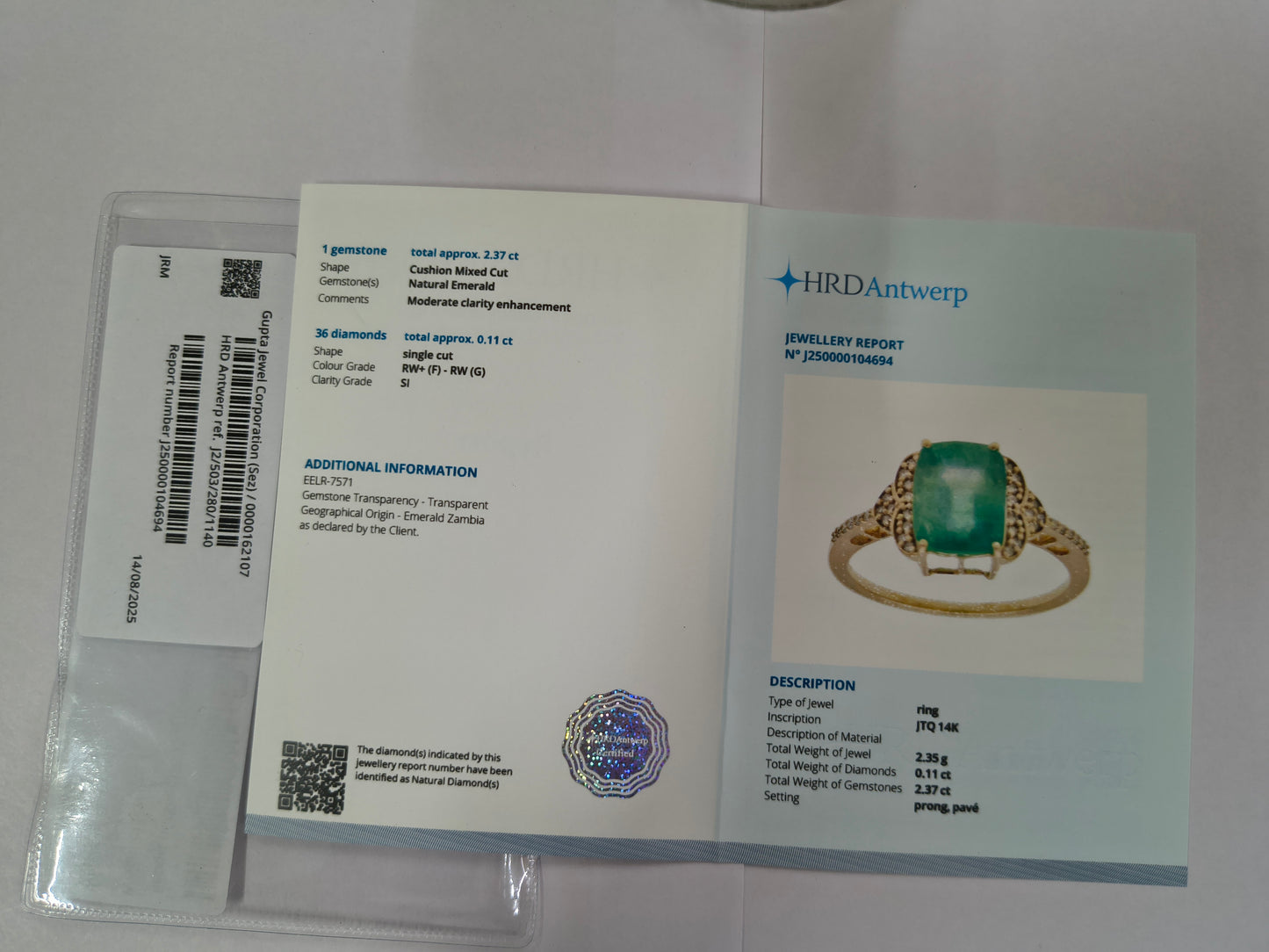 2.48 Ct Cushion Mixed Cut Natural Emerald 14K Gold Ring