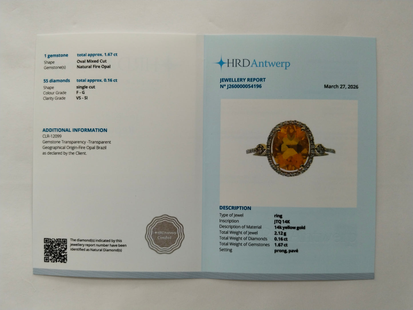1.83 Ct Oval Mixed Cut Natural Fire Opal 14K Gold Ring