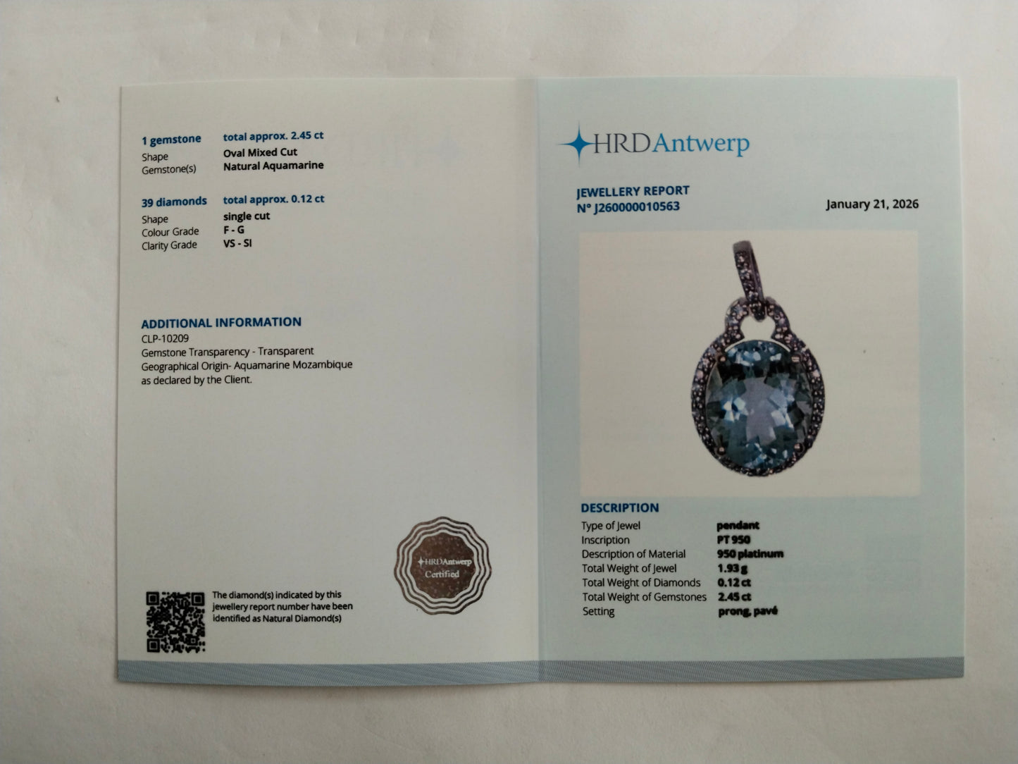 2.57 Ct Oval Mixed Cut Natural Aquamarine 950 Platinum Pendant