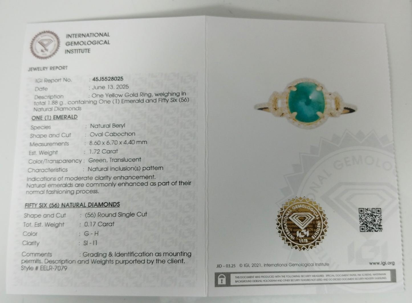 1.89 Ct Oval Cabochon Natural Beryl Emerald 14K Gold Ring