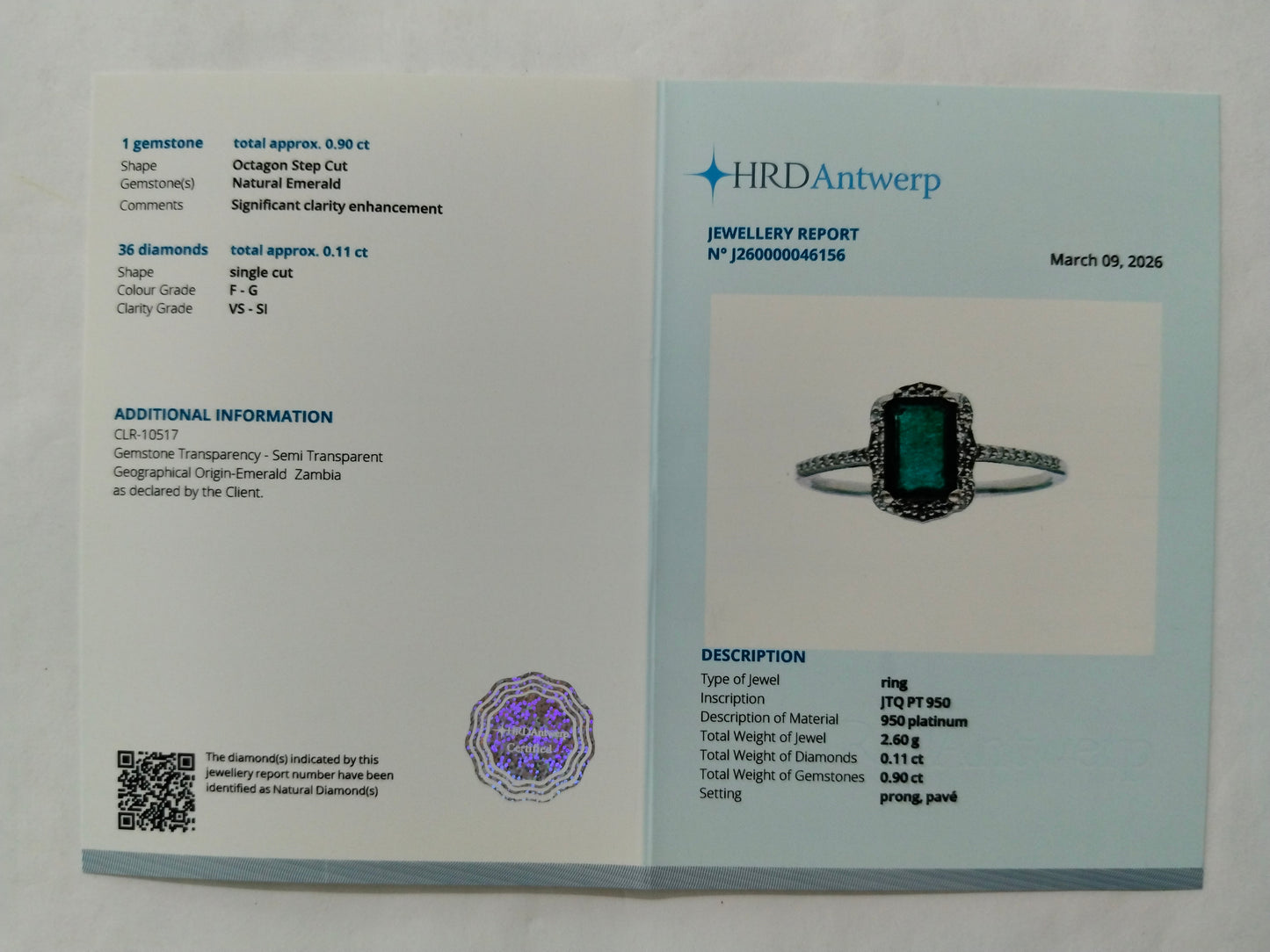 1.01 Ct Octagon Step Cut Natural Emerald 950 Platinum Ring